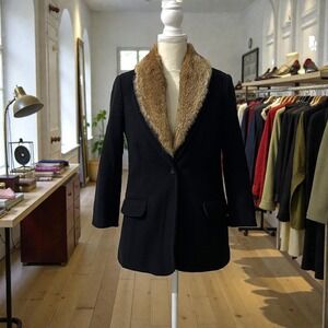 Elizabeth and James Black Wool‎ Coat with Genuine Rabbit Fur Lining
